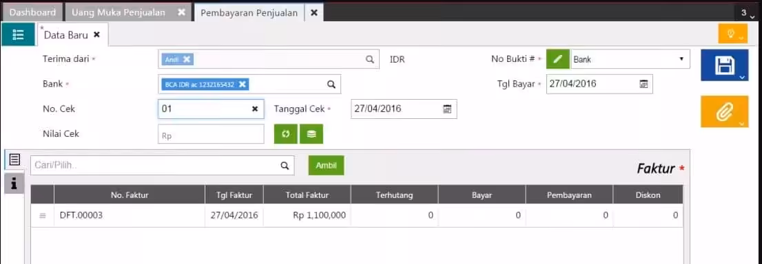 Membuat faktur penjualan dipotong uang muka penjualan