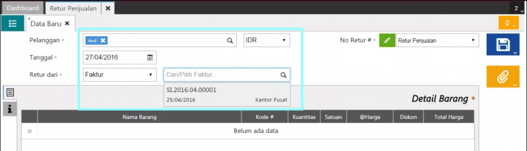 Membuat Retur Penjualan Dari Faktur Dengan Kuantitas Sebagian