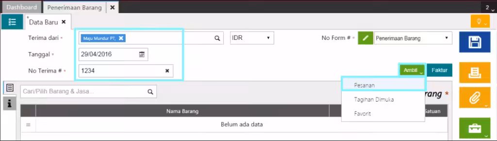 Membuat penerimaan barang berasal dari Pesanan Membuat penerimaan barang berasal dari Pesanan