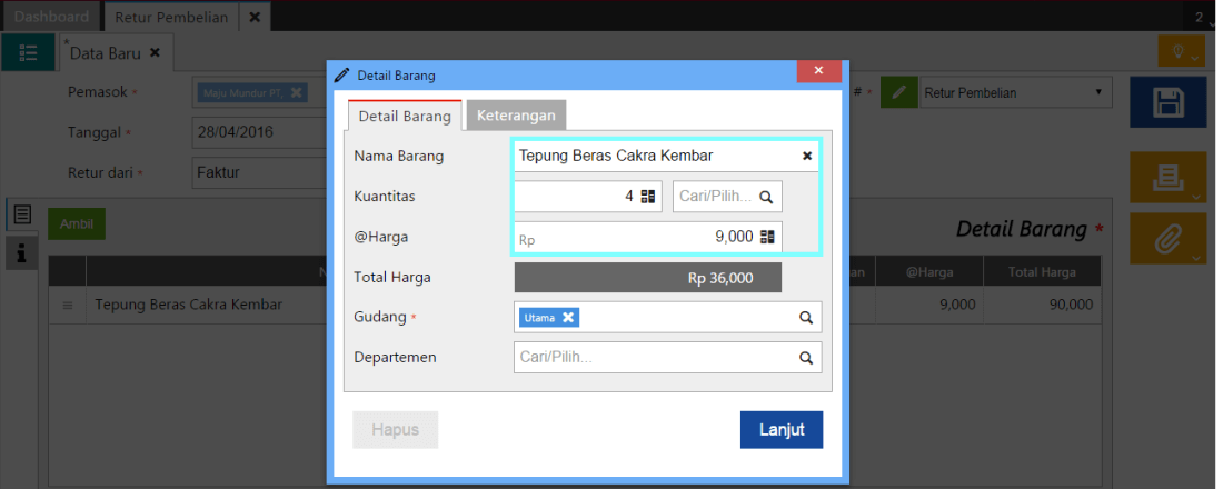 membuat retur pembelian sebagian