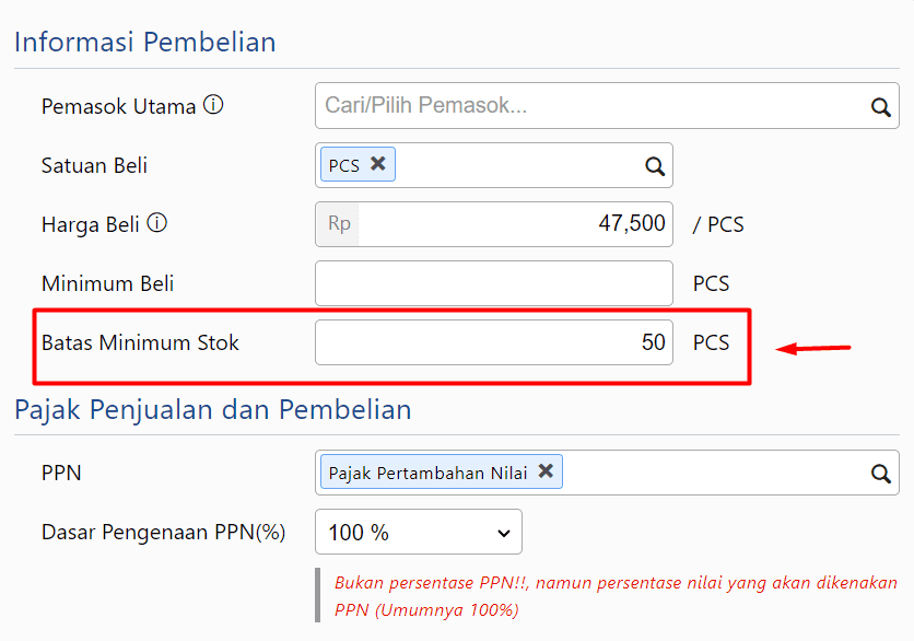 edit batas Minimum Stok Accurate Online