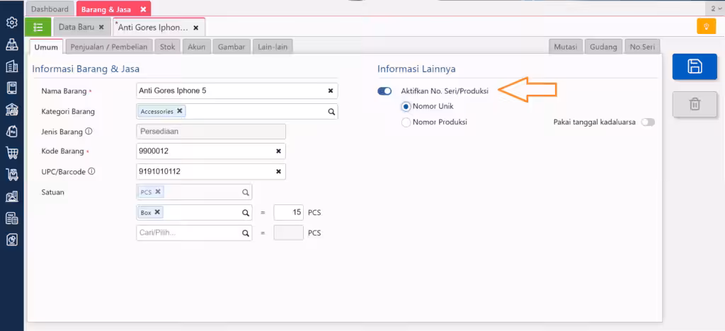 cara input nomor seri pada sisa stok barang
