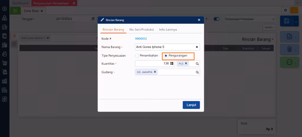 cara input nomor seri pada sisa stok barang