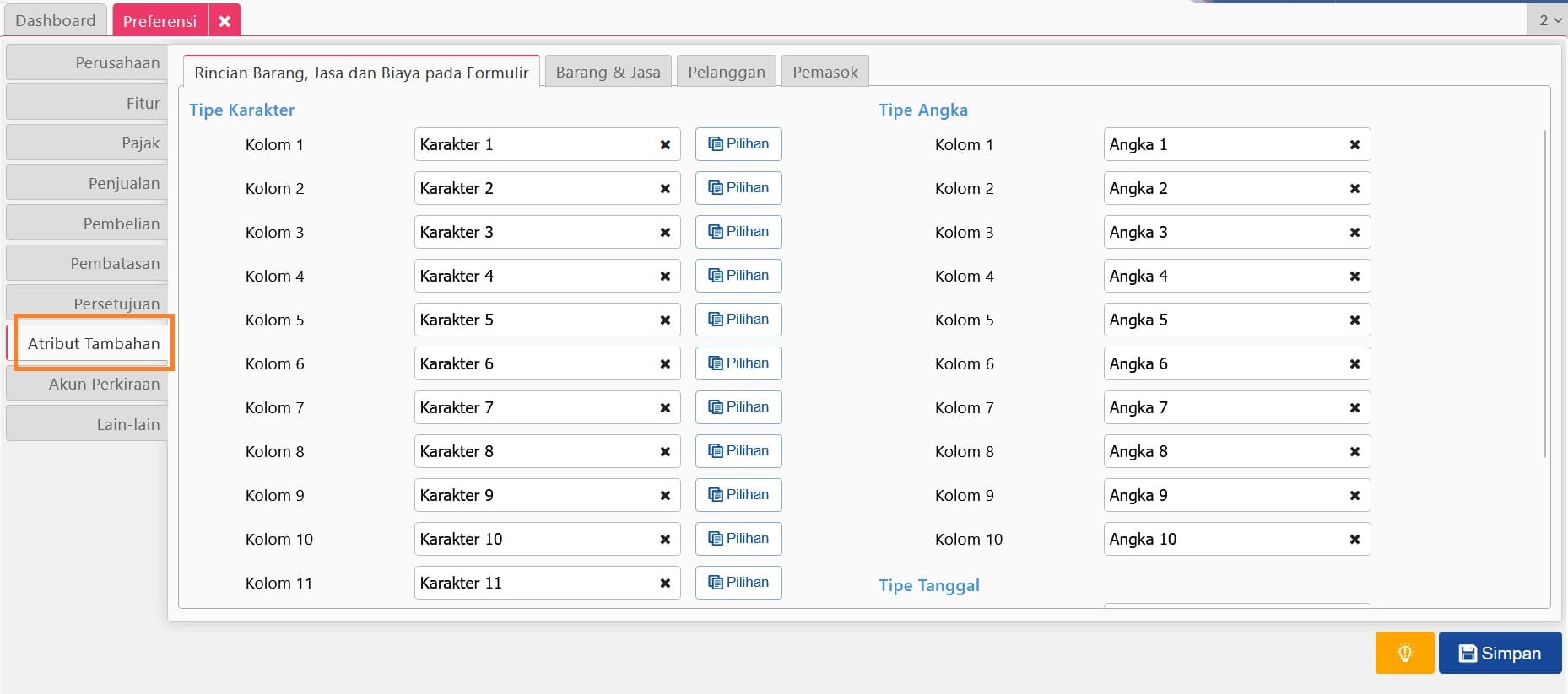 Rincian Barang Jasa dan Biaya pada formulir