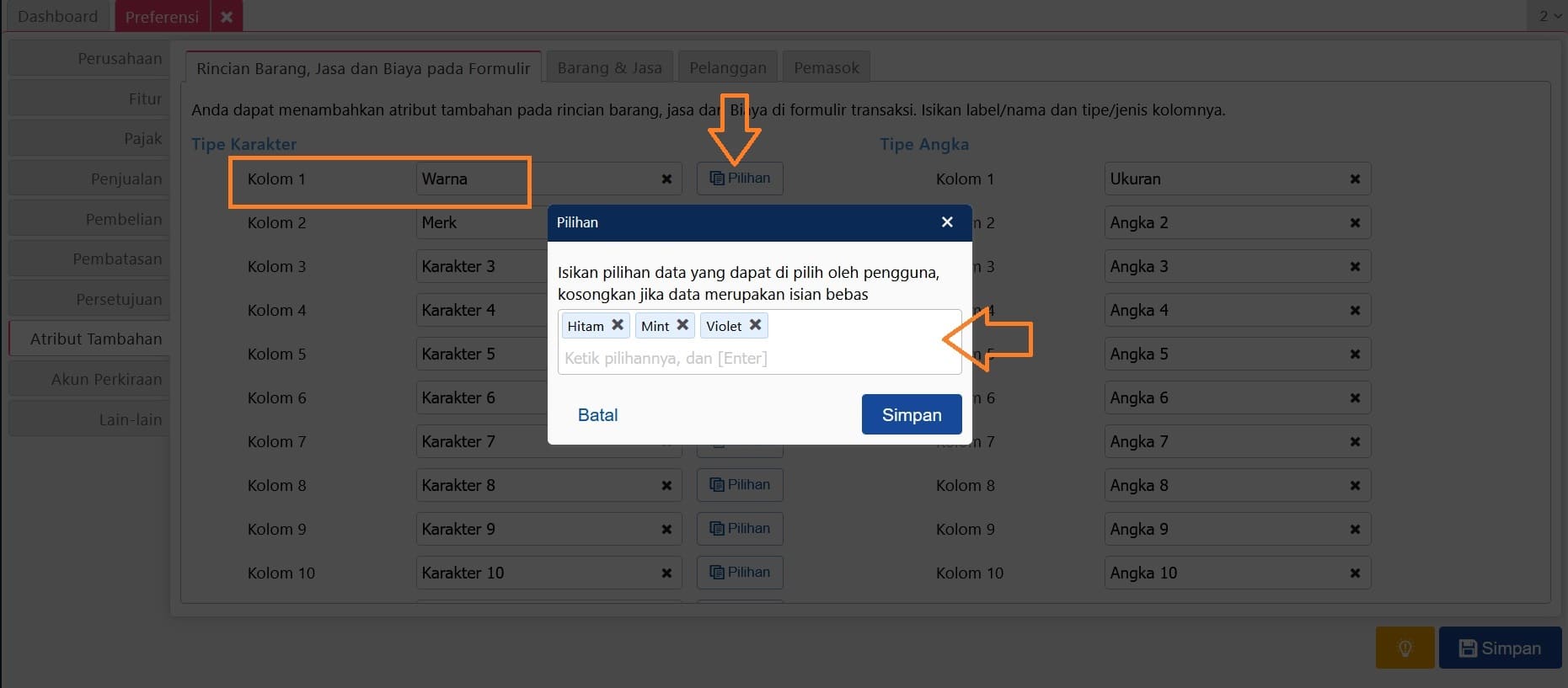 atribut tambahan rincian barang jasa dan biaya pada formulir
