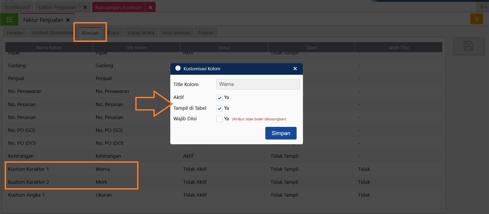 atribut tambahan rincian barang jasa dan biaya pada formulir