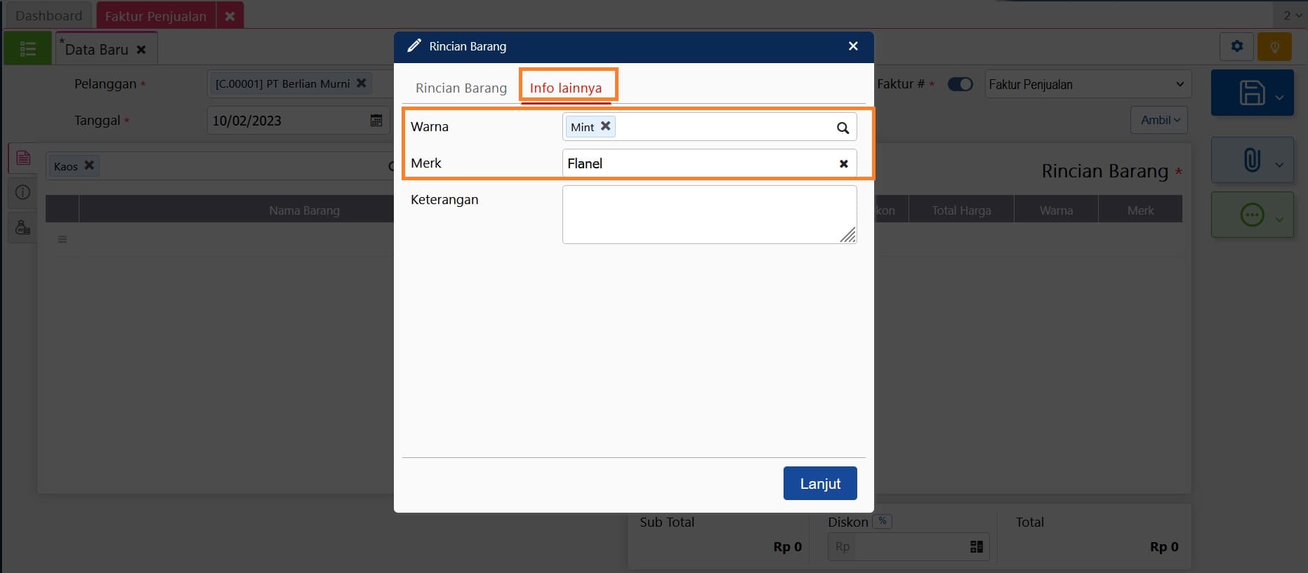 atribut tambahan rincian barang jasa dan biaya pada formulir