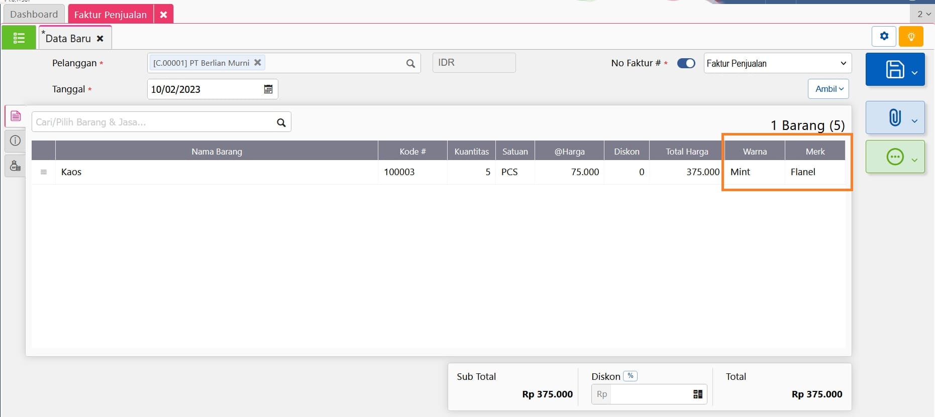 atribut tambahan rincian barang jasa dan biaya pada formulir