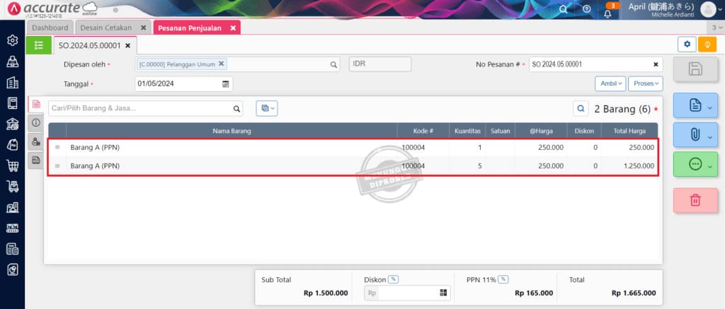 cara menggabungkan barang yang sama pada Desain Cetakan