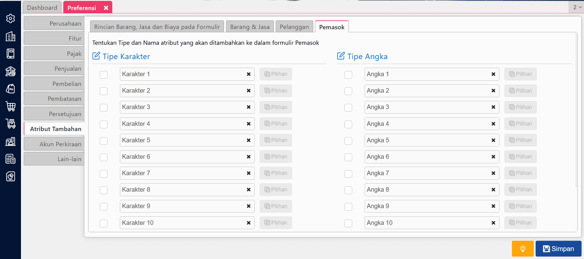 Atribut tambahan pada pemasok