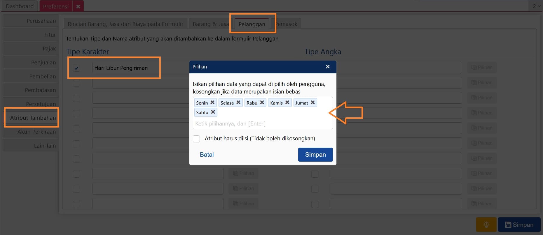 Atribut tambahan pada pemasok