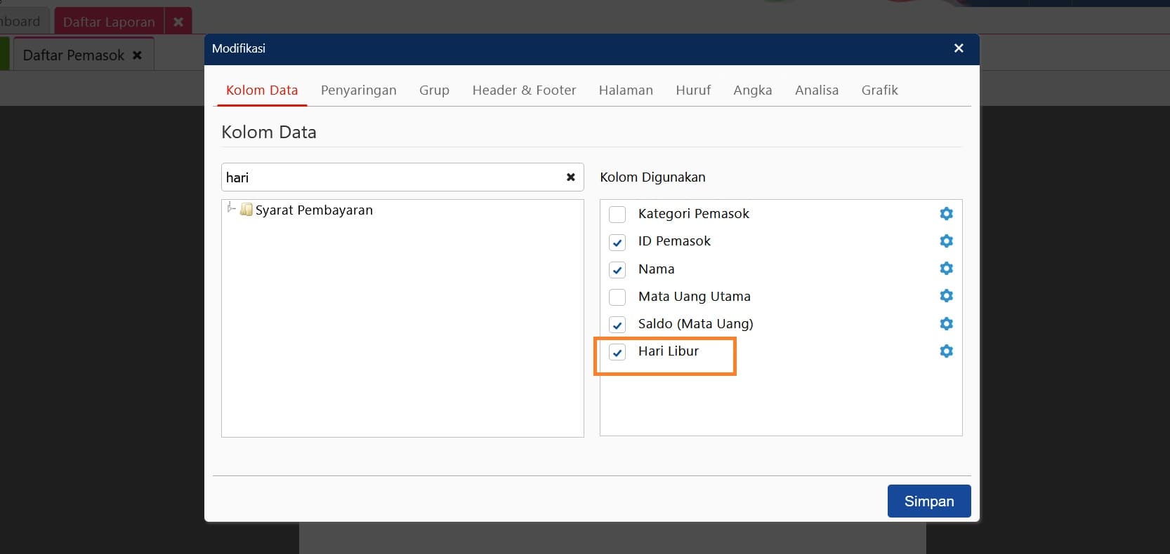 Atribut tambahan pada pemasok