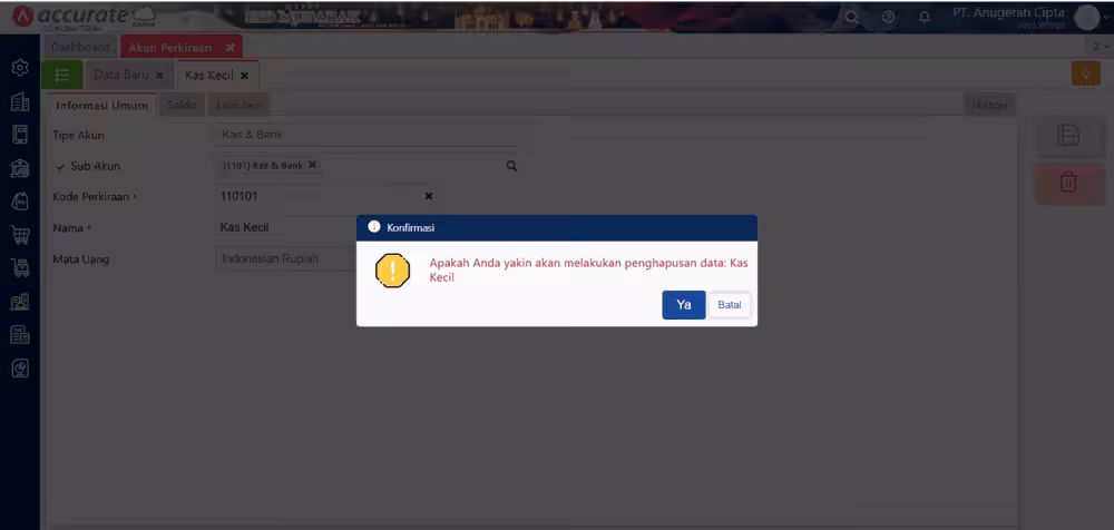menghapus akun perkiraan di accurate online